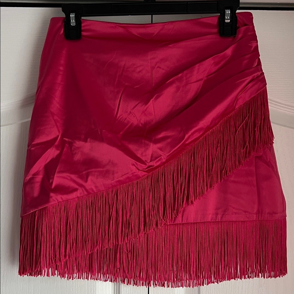 Lulus Celebration Charisma Magenta Satin Faux-wrap Fringe Mini Skirt Pink - Picture 2 of 5